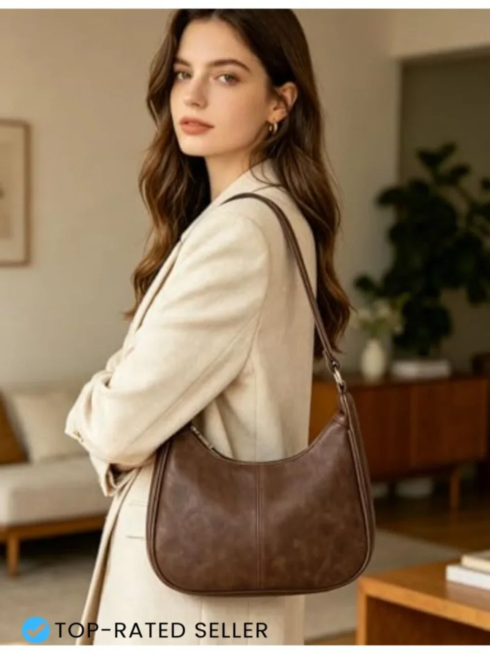 Slouchy Faux Leather Hobo Bag with Zippered Back Pocket